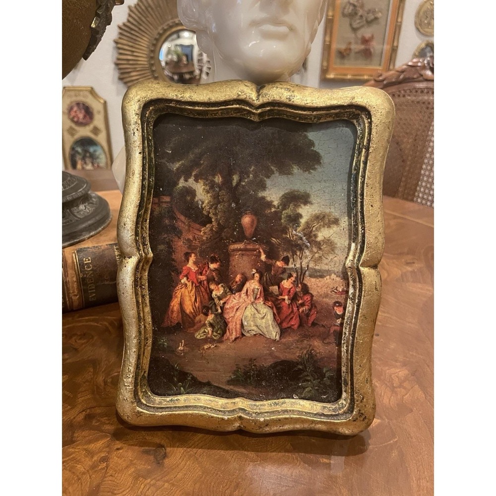 Vtg Italian Florentine Gold Gilt Meeting‎ in Park Framed Italy Wall Art 6x8"
